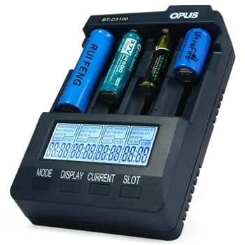 OPUS BT-C3100 4 lizdų baterijų įkroviklis, suderinamas su įkraunamomis ličio jonų niCd NiMH AA AAA 10440 18650 baterijomis