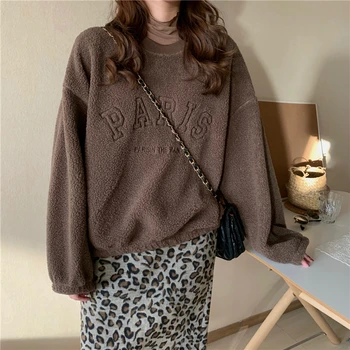 Gidyq Streetwear Moteriški pliušiniai džemperiai Korėjietiškas mados laiškų siuvinėjimas Laisvi megztiniai Tops Rudens laisvalaikio moteriški hiphopo paltai