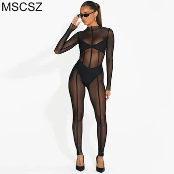 See Through Mesh Jumpbine'as moterims Sexy Rave naktinio klubo apranga ilgomis rankovėmis Seksuali kūno moteris 2023 Skaidrus smėlinukas Juodas