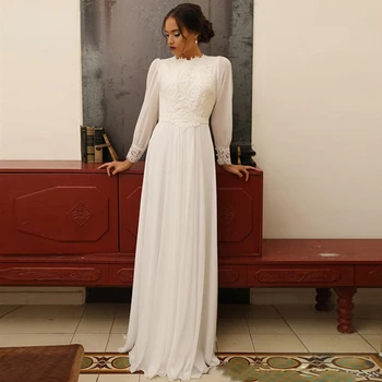 Naujausia paprasta elegantiška musulmoniška Boho vestuvinė suknelė 2023 m. ilgomis rankovėmis Vintažinė vestuvinė suknelė aukštu kaklu Vintažinė nuotakos suknelė Nėrinių aplikacijos Vestido De Noiva