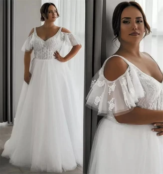 Puošnios plius dydžio vestuvinės suknelės Nuotakos suknelė Nėriniuota aplikacija V kaklo kepurė Rankovės nuo pečių Paplūdimio sodas Vestidos de Noiva