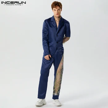 2023 Vyriški rinkiniai Siuvinėjimo tinklelis Patchwork Streetwear Atvartas ilgomis rankovėmis Švarkas ir kelnės 2PCS Fashion Vyriški laisvalaikio kostiumai S-5XL INCERUN