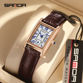 Sanda Luxury Fashion Lady Watch Elegantiško dizaino stačiakampio ciferblato kvarciniai laikrodžiai Odinės laikrodžių juostos verslas Atsparus vandeniui Relojes mujer