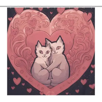 Raudona rožinė širdis Meilės katė Valentino dienos dušo užuolaida Neperšlampamas vonios kambario dekoras su 12vnt Kabliukai