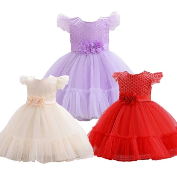 Baby Kids drabužiai mergaitėms Skristi rankovėmis Vestuvinė princesės tinklinė suknelė Chidren Elegantiškas krikštas Gimtadienis Pamergės Vakarinė vakarinė suknelė