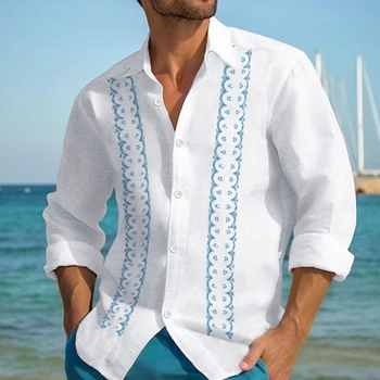 Laisvalaikio medvilnė Lininiai vyriški marškiniai ilgomis rankovėmis apverčiama apykakle Viengubas krūtinė Laisvalaikio marškiniai Oversize Vyrai Fall Vintage Beach Marškiniai