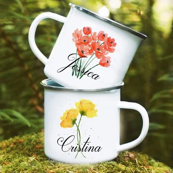 Personalizuota gėlė su pavadinimu Kempingo puodelis Kūrybiniai retro kavos puodeliai Gerti pieno puodelį Emalio puodeliai Tvarkyti gėrimų indų dovanas jai