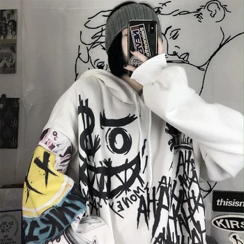 Hip Hop Vintage Y2k Hoodie Vyrai Moterys Laiškas Graffiti Atspausdintas džemperis Mada Gatvės drabužiai Laisvi megztiniai Džemperiai Džemperiai