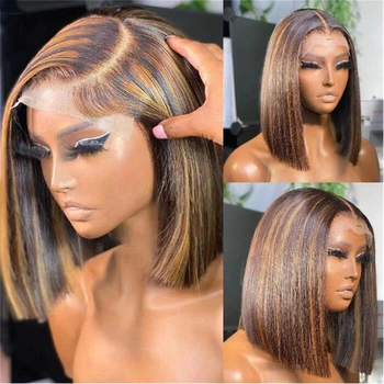 Soft 180%Density Natural Hairline Ombre Brown Short Bob Preplucked Silky Straight Nėrinių priekinis perukas juodaodėms moterims BabyHair Daily