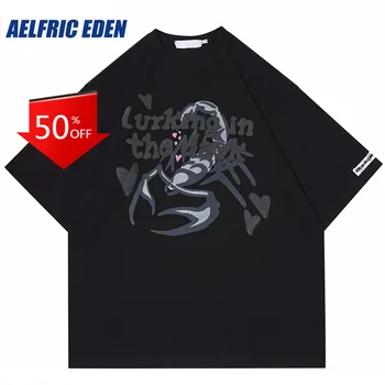 Men Hip Hop Oversized Y2K Marškinėliai Streetwear Scorpion Graphic T Shirt 2023 Harajuku Loose Tshirt Cotton Tops Tees Hipster Black