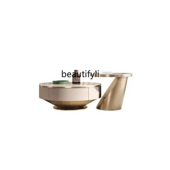 Kavos staliukas Svetainė Naujas šviesus prabangus aukštos kokybės apvalus akmens plokštelės arbatos staliukas Šiuolaikinis minimalistinis dizaineris Aukštos klasės