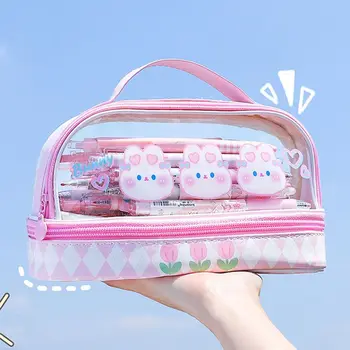 PVC studentų kanceliarinės prekės Mokyklos reikmenys Didelės talpos korėjietiško stiliaus pieštukų dėklas kosmetikos krepšys Kanceliarinių prekių krepšys Pieštukų maišelis