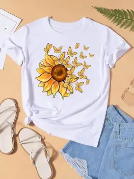 Gėlių drugelių tendencija Mieli moteriški drabužiai Grafiniai marškinėliai Mada Spausdinti Trumpomis rankovėmis Lady Top Moteriški marškinėliai Tee