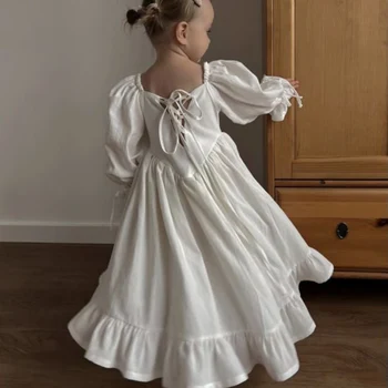 Baby Girl Princess Medvilninė suknelė ilgomis rankovėmis Pavasaris Kūdikis Mažylis Mergaitė Vintage Vestido Back Tie White Baby Clothes 1-7Y