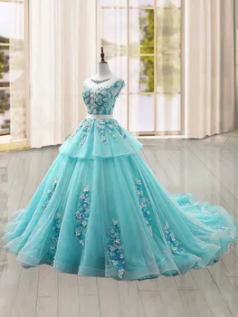 Ashely Alsa Luxury Aqua Blue Cap Sleeves Appliques Lace Up Quinceanera Dresses Girl Flower Party Prom Gown Vestido De 15 16 Anos