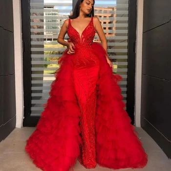 prašmatni ilga undinėlė Aplikacija Raudona arabiška vakarinė suknelė Fashion Prom Oficialūs chalatai su nuimamu pakopiniu traukiniu vestido largo