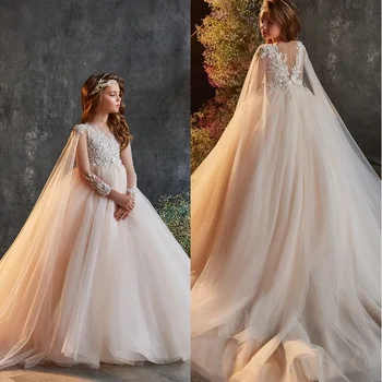 Elegantiška princesės gėlių mergaitės suknelė Tiulis Pirmosios komunijos suknelė Grindų ilgis Nėrinių uodega Vaikų gimtadienio vestuviniai chalatai