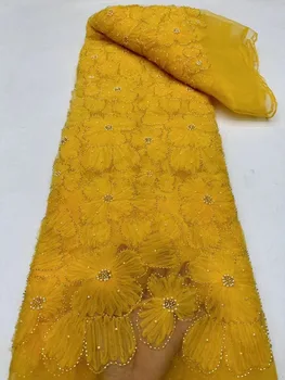 Aukštos kokybės 3D gėlių karoliukų siuvinėjimas Afrikos prancūziškas nėrinių audinys suknelei Prabangus Nigerijos rankų darbo karoliukais nėrinių audinys 2023