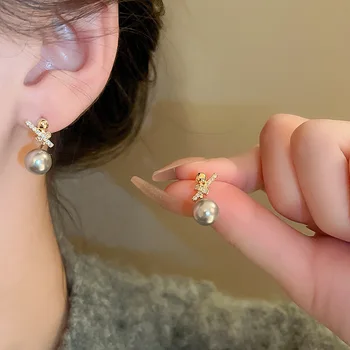 Prabangūs cirkoninio mazgo apvalaus perlo smeigės auskarai moterims Saldūs mieli dovanų papuošalai