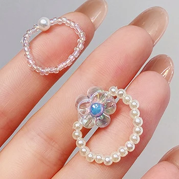 JUWANG Korėjietiškas elastinis žiedas Pavasario ir vasaros stilius Putojantis perlamutrinis spalvotas perlų milteliai Mėlynas gėlių žiedas moterims