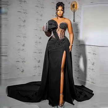 Pietų Afrika Juodos merginos Undinėlė Prom suknelės Iliuzija Blizgučiai Karoliukais ilgomis rankovėmis Oficiali proga Vakariniai chalatai