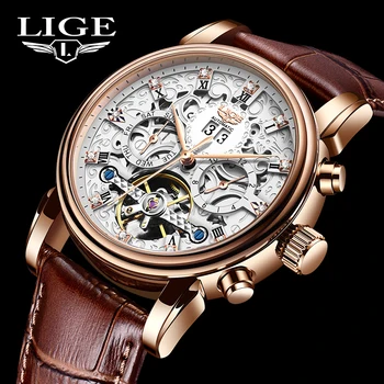 LIGE Prekės ženklas Fashion Luxury Mechanical Man Watch Business Leather Strap Automatinis laikrodis vyrams Neperšlampamas sportinis turbillon laikrodis