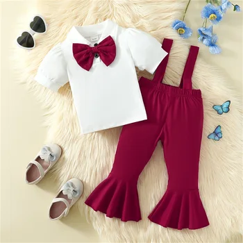 Baby girl Suit Dress Clothes Bowtie Marškiniai trumpomis rankovėmis Petnešos Flare Kelnės Bendra apranga