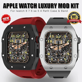 Prabangus modifikavimo rinkinys, skirtas Apple Watch 8 7 6 5 4 Metalinio rėmo rėmelio laikrodžio juosta, skirta iWatch serijai 44mm 45mm nerūdijančio plieno korpusas