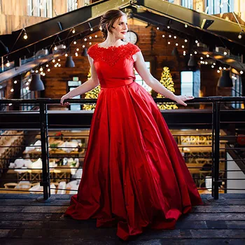 Aplikuoti karoliukai Raudoni elegantiški satino spalvos vestuvinė suknelė šukuoti nėriniai be nugaros trumpos kepurės rankovės išleistuvių sužadėtuvių chalatai