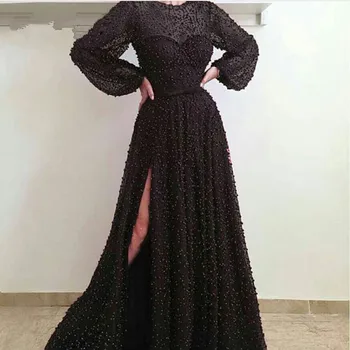 Juodos musulmoniškos vakarinės suknelės A-line ilgomis rankovėmis Perlai Plyšys ilgas islamiškas Dubajus Saudo Arabijos arabų ilgas oficialus vakarinis chalatas