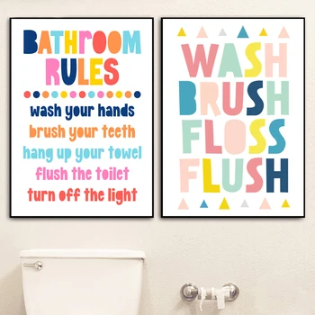Vaikų vonios kambario taisyklės Citata Meno atspaudai Nusiplaukite rankas Tualetas WC ženklas Plakatas Drobė Tapyba Spalvingas sienų dekoras