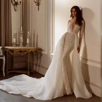 Undinės grakščios vestuvinės suknelės 2024 Šukuotos ilgomis rankovėmis Vestido De Novia siuvinėjimas Nuimamas traukinio chalatas De Mariee