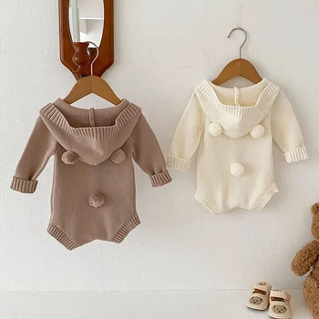 Rudens žiema Korėjietiško stiliaus laipiojimo kostiumas Mažylis Baby Boys Mergaitė su gobtuvu Vienspalvis megztas romperis Vaikų megzti drabužiai