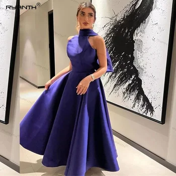 Ryanth Purple Short Prom suknelės Satin Halter Bow Elegant Tea Length Vestidos De Fiesta Elegantes Para Mujer 2024 Saudo Arabija