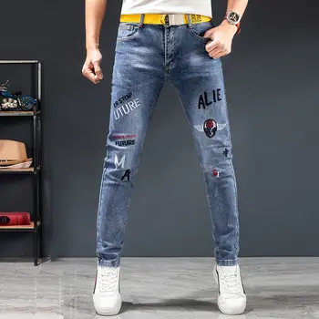 Aukštos kokybės vyriškos tamprios mėlynos džinsinės kelnės,Klasikiniai siuvinėjimo dekorai Džinsai,Plonai prigludę Korėja Versija Laisvalaikio džinsai,Gatvės džinsai.