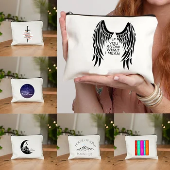 Angel Wings Print Canvas Zipper Makeup Bag Velaris Pattern Cosmetic Cases Abstract Style Starsnight Travel Organizer Pencil Case