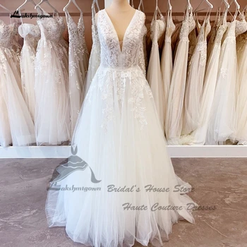 Lakshmigown Plus Size A Line Beach vestuvinė suknelė nuotakai 2023 Vestido De Novia Boho V Neck Off White Tulle Long Wedding Dresses