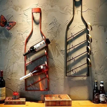 Vintažinė vyno stovo siena kabanti namų restoranas baro siena pakabukas loftas kūrybinis baras sienos apdaila vyno butelio laikiklio siena