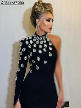 Black One Shoulder High Split Dubai Asimetriškos vakarinės suknelės ilgomis rankovėmis Krištolo karoliukai Oficiali vakarėlio apranga