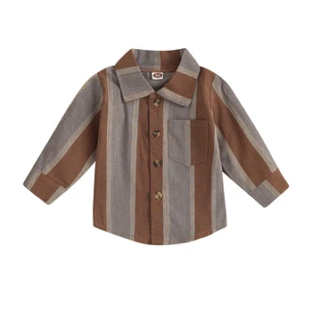 Mažylio berniuko mygtukas žemyn Marškiniai Laisvalaikio dryžuotas atspaudas ilgomis rankovėmis Viršus su kišene vaikiškiems rudens drabužiams