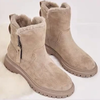 Moteriški sniego batai Nauji kulkšnies batai 2023 Žieminiai žemi kulniukai Užtrauktukas Laisvalaikio batai Faux Suede Moteriški žemi batai Smailūs kojų mados batai