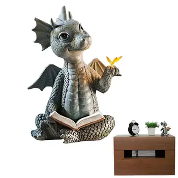 Mažasis drakonas dinozaurų meditacija Knygos skaitymas Skulptūra Figūrinis sodas Namų dekoro dervos ornamentas