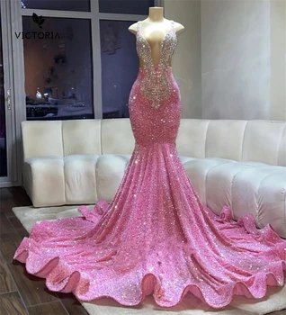 Pink Spaghetti Luxury Black Girl Prom Suknelė vestuvėms Diamond Crystal Gillter Undinėlė Gimtadienio priėmimas Chalatas de bal