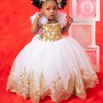 2024 Balti nėrinių gėlių mergaičių suknelės Kamuolinis chalatas Tiulio karoliukai Vintažinė maža mergaitė Peageant gimtadienis Krikštynų suknelės chalatai ZJ01