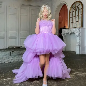 Princesės elegantiška gėlių mergaitės suknelė Violetinė sluoksniuota tiulis Pūstos rankovės be rankovių vestuvių vakarėlio suknelei Mieli pirmosios komunijos kamuoliniai chalatai