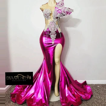 Blizgios odinės karoliukų vakarinės prom suknelės High Split Crystals Undinė Oficialūs vakarėlių chalatai Prabangi Afrika Pageant suknelė