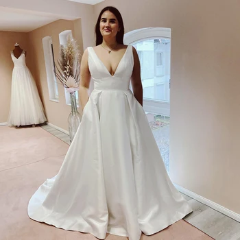 Paprastas V formos kaklas Aukštos kokybės satino A linijos vestuvinės suknelės be nugaros pagal užsakymą pagamintos 2024 m. Vestido De Noival