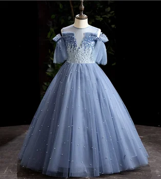 VAIVORYKŠTĖ Mėlyna pilka ilgomis rankovėmis Gėlių suknelės Satin Junior Koncertas Formalus elegantiškas banketinis chalatas Vakarėlis mergaitei