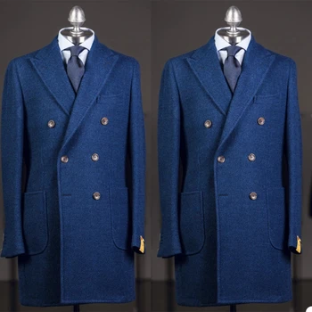 2023 Ilgas mėlynas švarkas Tik švarkas Peak Lapel Tweed Formalus smokingo kostiumas Oficiali vakarienė Vakarėlis Prom Verslo vyrų kostiumas