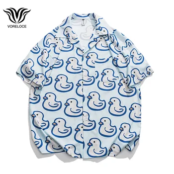 Havajų stiliaus vyriški marškiniai trumpomis rankovėmis Plonos sekcijos ledo šilkas Mieli animaciniai anties marginimo marškiniai